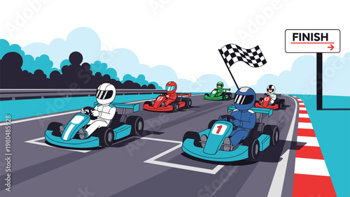 Exciting cartoon illustration of a go-kart race, with multiple drivers speeding towards the finish line under a checkered flag.