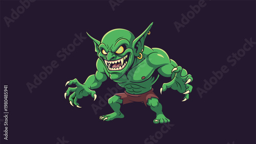 Menacing green goblin with sharp teeth and long claws, standing in a hunched pose against a dark background, exuding an evil and mischievous aura.