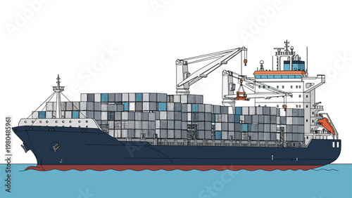 Massive cargo container ship navigating the ocean, fully loaded with numerous shipping containers and equipped with cranes for loading and unloading.