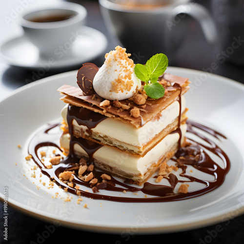 Delicious mille feuille pastry layered with creamy vanilla custard and topped with whipped cream mint leaves and rich melted chocolate sauce served on a clean white ceramic plate for a sophisticated g