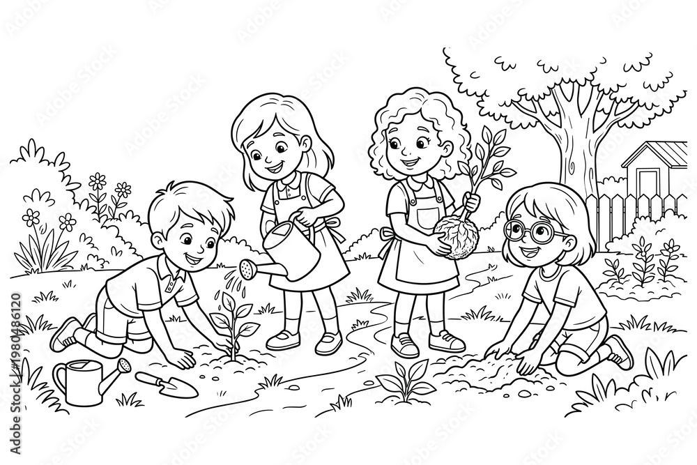 Fototapeta premium Children planting trees black and white, group of young kids learning about nature.
