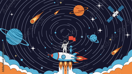 Vibrant cosmic illustration of an astronaut and an alien standing on a rocket, planting a flag amidst planets, stars, and comets in a swirling galaxy.