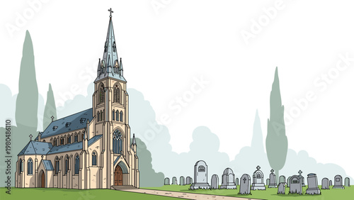 Traditional gothic church with a tall spire, situated amidst a solemn graveyard with numerous old tombstones and cypress trees under a muted sky.
