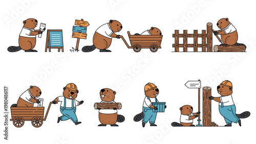 Extensive set of cartoon beavers engaged in various activities, from construction and sign-making to carrying wood and pushing carts.