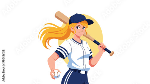 Confident blonde girl in a blue and white baseball uniform, holding a bat over her shoulder and a baseball, ready for action.