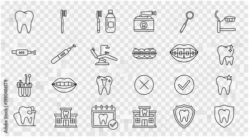 Dental health and care illustration with various related icons and symbols.