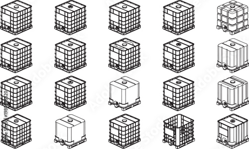 A collection of industrial bulk containers, in an array of patterns, symbolizing efficient storage and handling solutions.