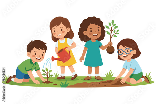 Diverse children planting trees together in green garden, watering and digging.