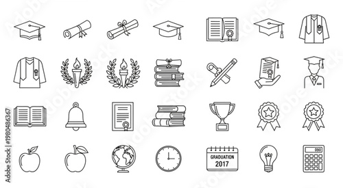 Collection of graduation icons representing education, achievement, and academic success in a line art style.