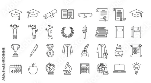 Collection of graduation related icons, perfect for educational and academic themes.