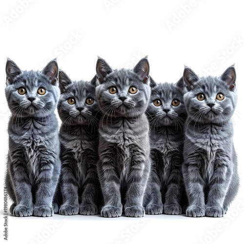 Five gray kittens with orange eyes, side-by-side, sit against a stark white backdrop. Their fur is short and fluffy