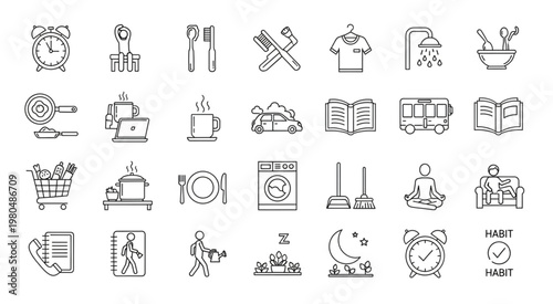 Daily routine icons representing various activities and habits in a simple line art style.