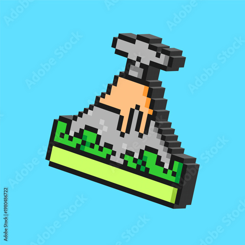 Erupting Volcano Pixel Art Illustration, Retro 8 Bit Mountain Explosion Nature Icon