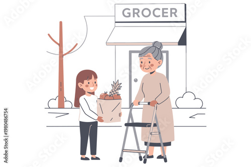 Girl buys groceries for elderly woman outside store, helps with walker.