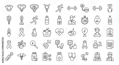 Collection of health and wellness icons representing various medical concepts and symbols.