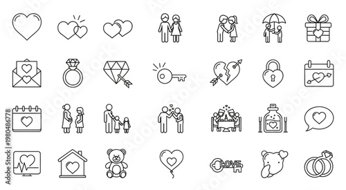 Collection of line art icons related to love, romance, and relationships, perfect for design.