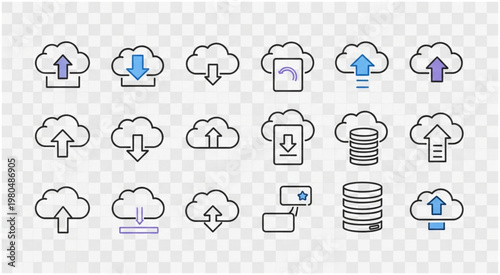 Collection of cloud computing icons representing data storage and transfer processes.