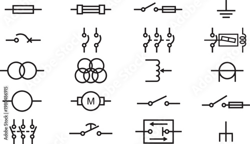 Illustrated electronic symbols. The icons represent the foundation of electronic circuit design. The images are a conceptual representation of electrical diagrams.