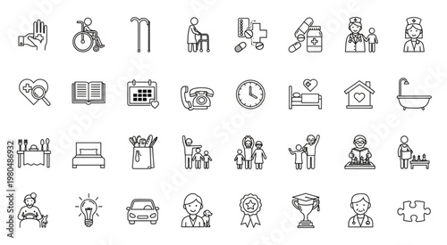 Collection of line art icons representing elderly care and healthcare services.