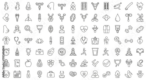 Collection of medical and healthcare icons representing various aspects of health.