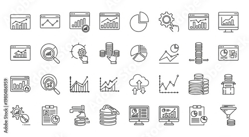 Collection of various data analysis and business statistics icons in a row.