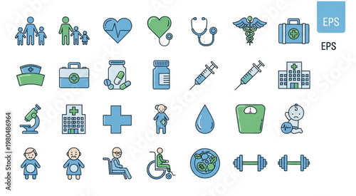 Collection of various medical and healthcare related icons and symbols for design.