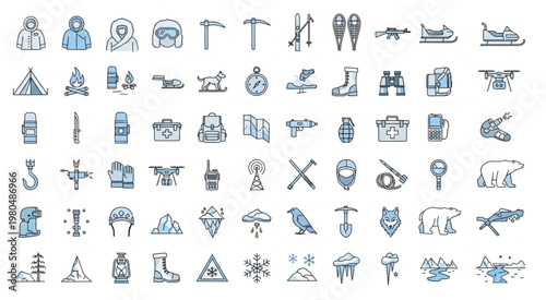 Collection of winter adventure and exploration icons, perfect for design projects.