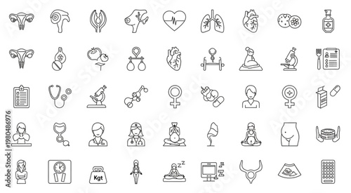 Medical and healthcare icons set, representing various human body parts and medical equipment.