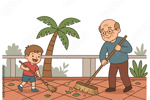Grandfather and grandson sweeping leaves together, intergenerational clean-up activity.
