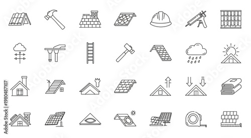 Collection of roofing and construction icons representing various tools and elements.