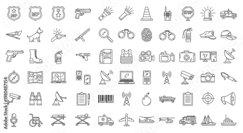 Collection of hand-drawn police and security icons, perfect for design projects.