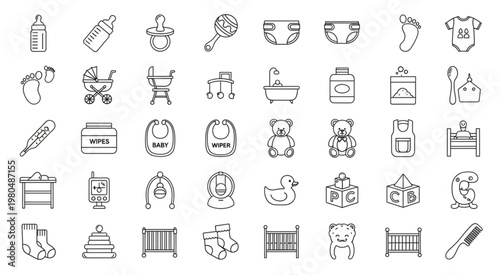 Collection of baby related items and accessories, outlined in black and white, for design.