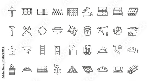 Collection of roofing tools and materials, construction and repair icons set.
