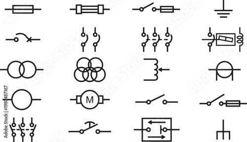 Various electrical symbols are arranged on a clean backdrop, each representing a distinct component or function. Perfect for educational materials and design projects.