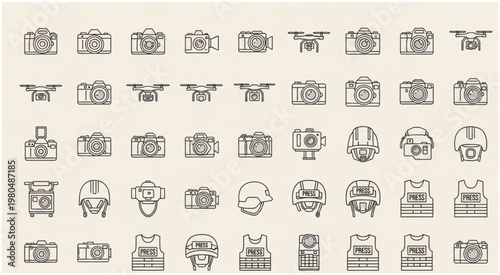 Collection of various cameras, drones, and protective gear illustrations.