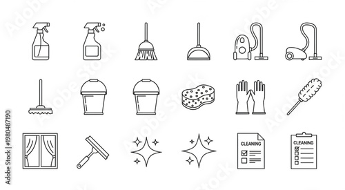 Cleaning supplies and tools for home and office maintenance and hygiene.