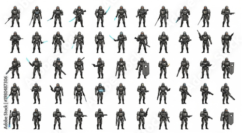 Array of soldiers in tactical gear, various poses, ready for action, monochrome image.