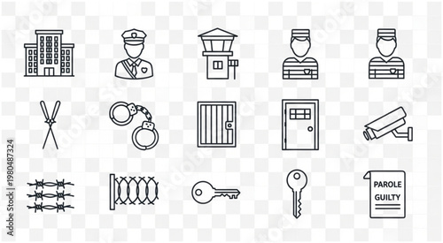 Collection of prison related icons representing law enforcement and incarceration.
