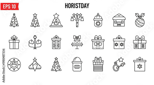Festive Christmas Holiday Icon Set with Various Decorations and Gifts.