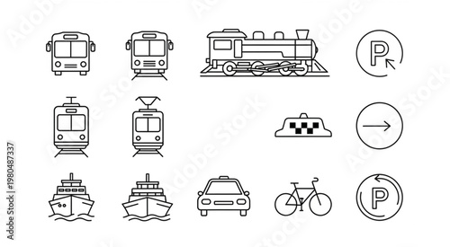 Collection of various transportation icons representing different modes of travel and parking.
