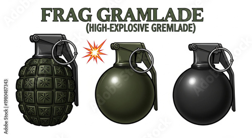 High explosive fragmentation grenade variants with different appearances and designs.