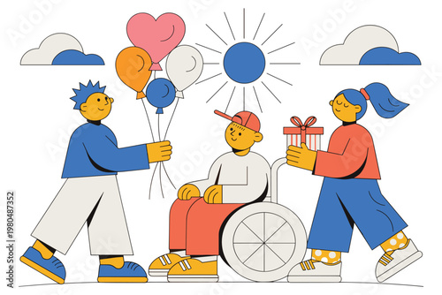 Inclusive celebration with children giving gifts and balloons to friend in wheelchair art.