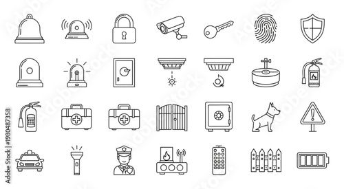 Security and safety icons representing various protection elements and devices.
