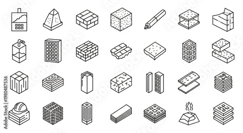 Isometric architectural elements and building blocks in a line art style.