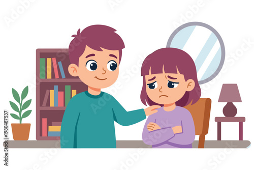 Kind boy comforting sad girl sitting on chair in cozy room interior vector illustration.