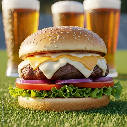 Juicy Cheeseburger with Glasses of Beer on Grass.