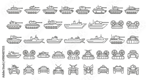 Collection of various military vehicles, tanks, ships, and hovercrafts, outlined in black and white.