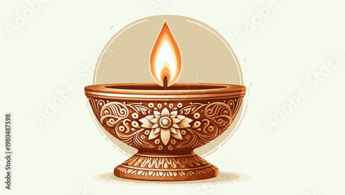 Ornate Clay Diya Oil Lamp with Glowing Flame and Intricate Floral Carving Pattern on Circle Background, Traditional Indian Diwali Festival Light Illustration