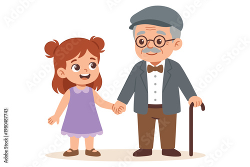 Little girl holding hands with grandfather walking together family support vector image.