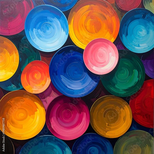 A vibrant abstract artwork featuring multiple colorful circles